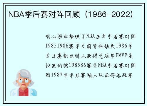 NBA季后赛对阵回顾（1986-2022）